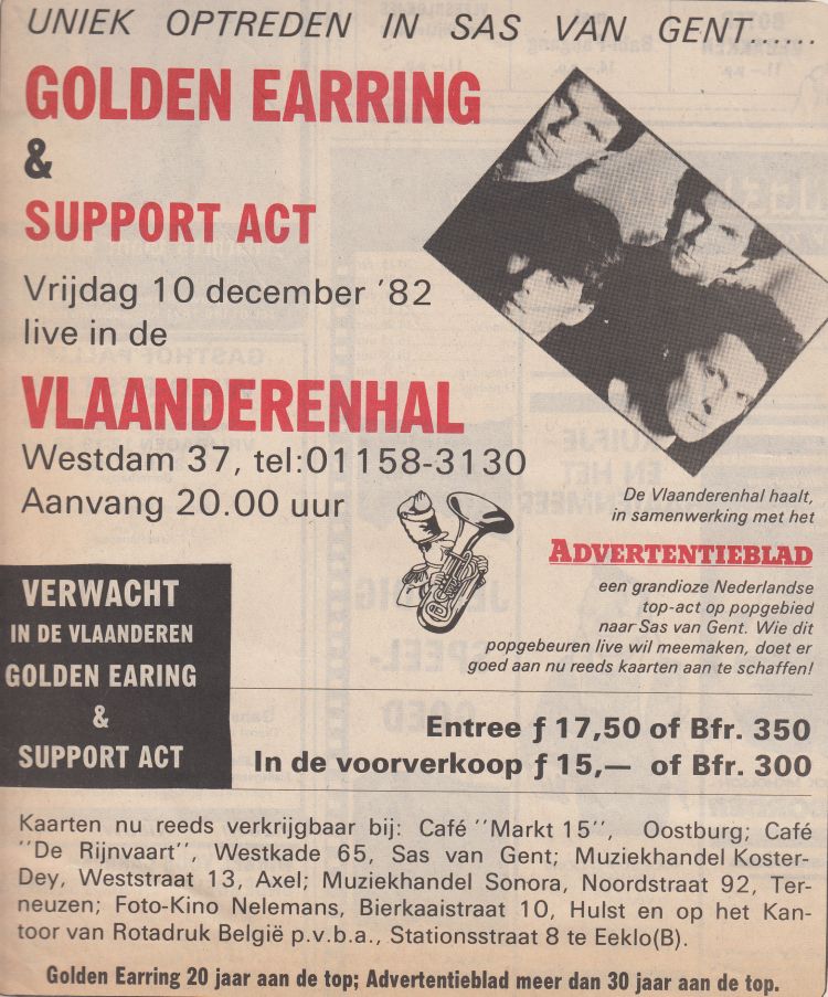 Golden Earring show ad December 10 1982 Sas van Gent - Vlaanderenhal, picture thanks to Berry Albers